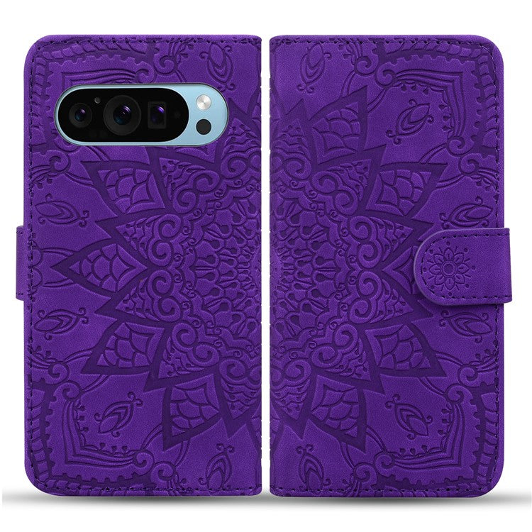 For Google Pixel 9 / Pixel 9 Pro Case PU Leather Wallet Flip Phone Cover Flower Imprinted - Purple