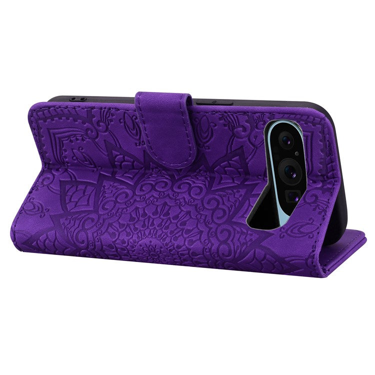 For Google Pixel 9 / Pixel 9 Pro Case PU Leather Wallet Flip Phone Cover Flower Imprinted - Purple