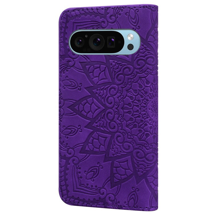 For Google Pixel 9 / Pixel 9 Pro Case PU Leather Wallet Flip Phone Cover Flower Imprinted - Purple