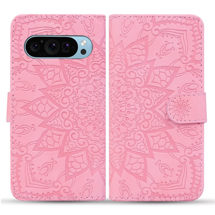 For Google Pixel 9 / Pixel 9 Pro Case PU Leather Wallet Flip Phone Cover Flower Imprinted - Pink