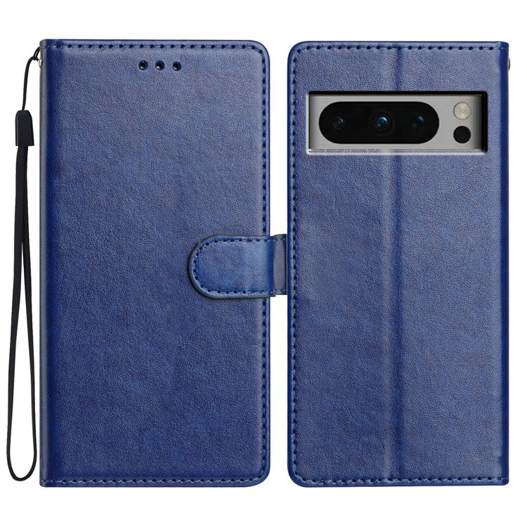 For Google Pixel 8 Pro Leather Phone Case Wallet Stand Cover with Handy Strap - Blue