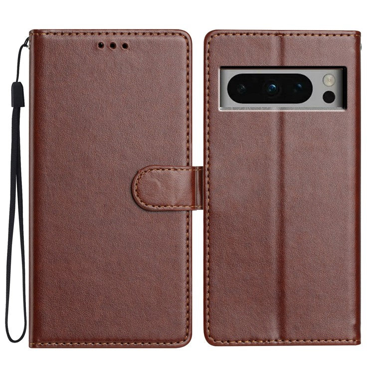 For Google Pixel 8 Pro Leather Phone Case Wallet Stand Cover with Handy Strap - Brown