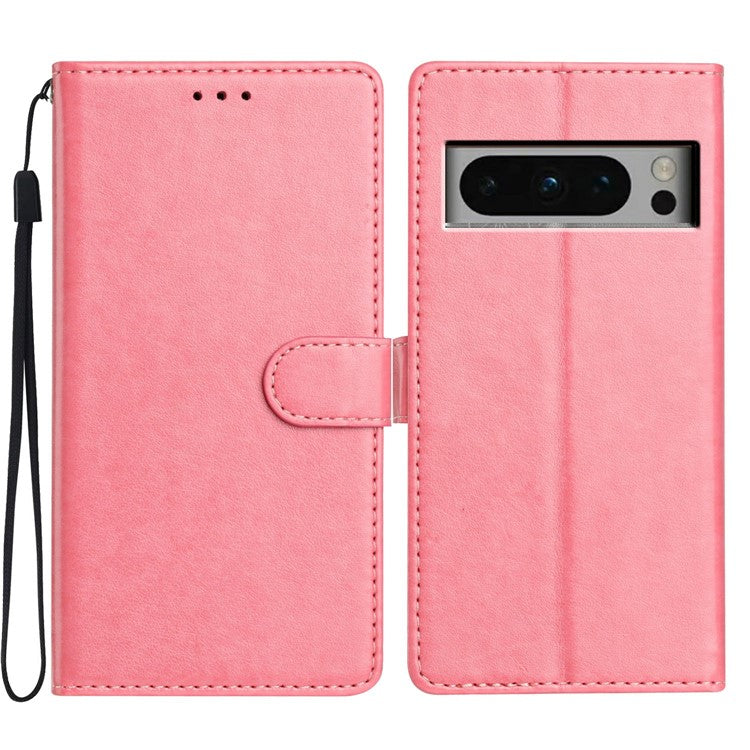 For Google Pixel 8 Pro Leather Phone Case Wallet Stand Cover with Handy Strap - Pink