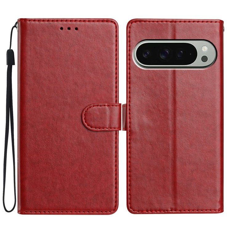 For Google Pixel 9 Pro XL Leather Phone Case Wallet Stand Cover with Handy Strap - Red