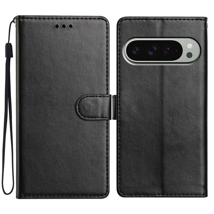 For Google Pixel 9 Pro XL Leather Phone Case Wallet Stand Cover with Handy Strap - Black