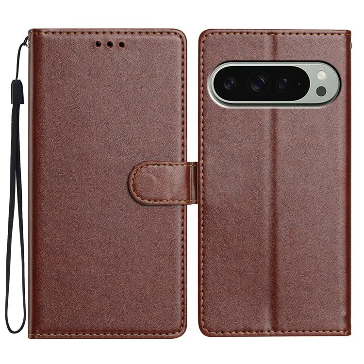 For Google Pixel 9 Pro XL Leather Phone Case Wallet Stand Cover with Handy Strap - Brown