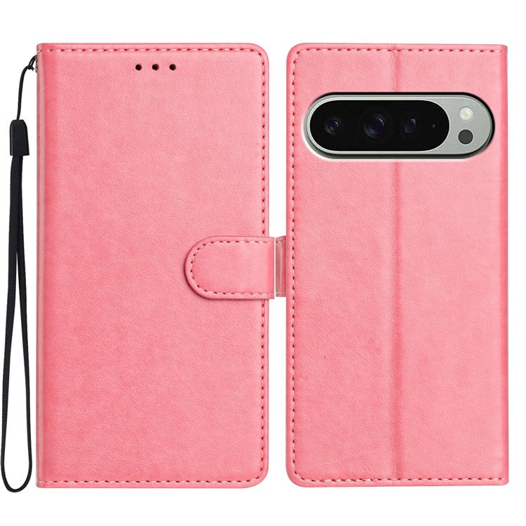 For Google Pixel 9 Pro XL Leather Phone Case Wallet Stand Cover with Handy Strap - Pink