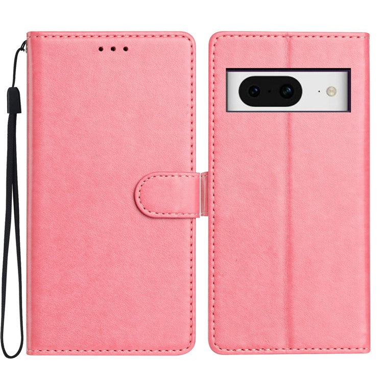 For Google Pixel 8 Leather Phone Case Wallet Stand Cover with Handy Strap - Pink