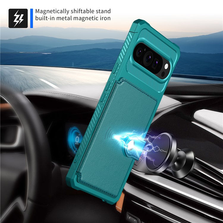 ZM03 For Google Pixel 9 Pro  /  9 Case with Card Holder PU Leather+TPU Phone Back Cover - Green