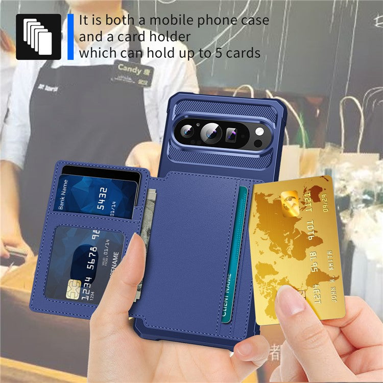 ZM03 For Google Pixel 9 Pro XL Case with Card Holder PU Leather+TPU Phone Back Cover - Blue