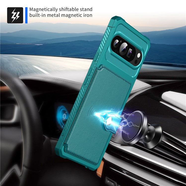 ZM03 For Google Pixel 9 Pro XL Case with Card Holder PU Leather+TPU Phone Back Cover - Green