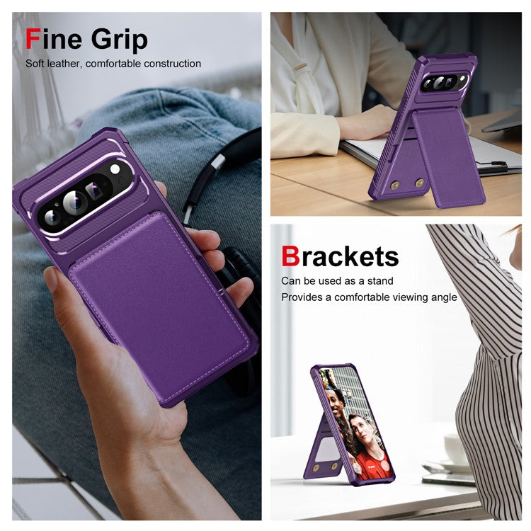 ZM11 For Google Pixel 9 Pro XL Case Card Slot Kickstand PU+TPU Phone Cover - Purple