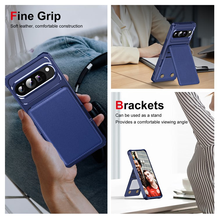 ZM11 For Google Pixel 9 Pro XL Case Card Slot Kickstand PU+TPU Phone Cover - Dark Blue