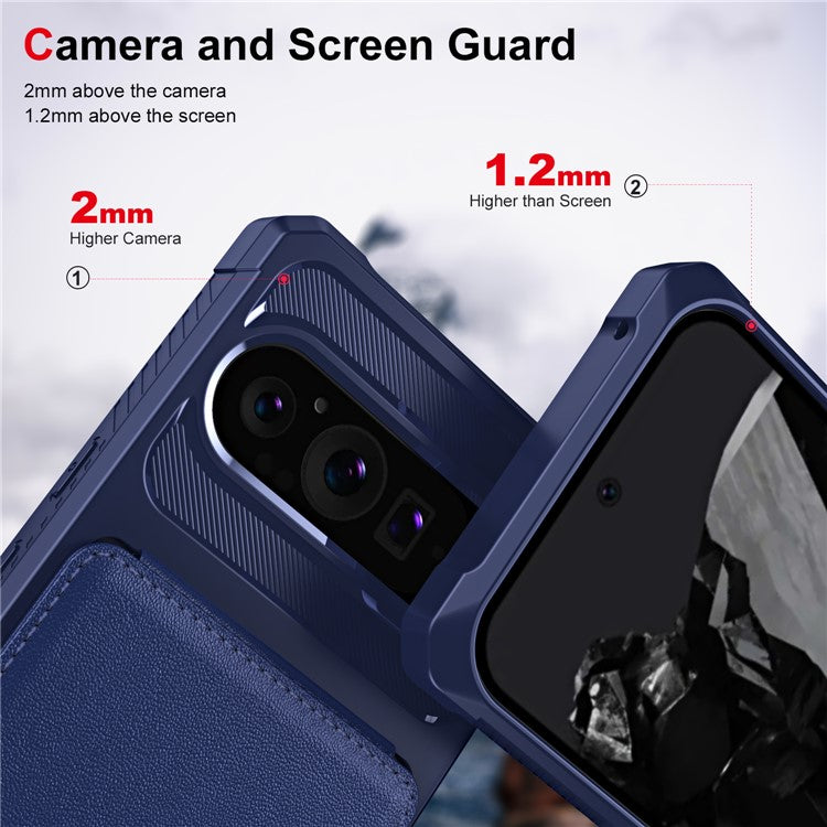 ZM11 For Google Pixel 9 Pro  /  9 Case Card Slot Kickstand PU+TPU Phone Cover - Dark Blue