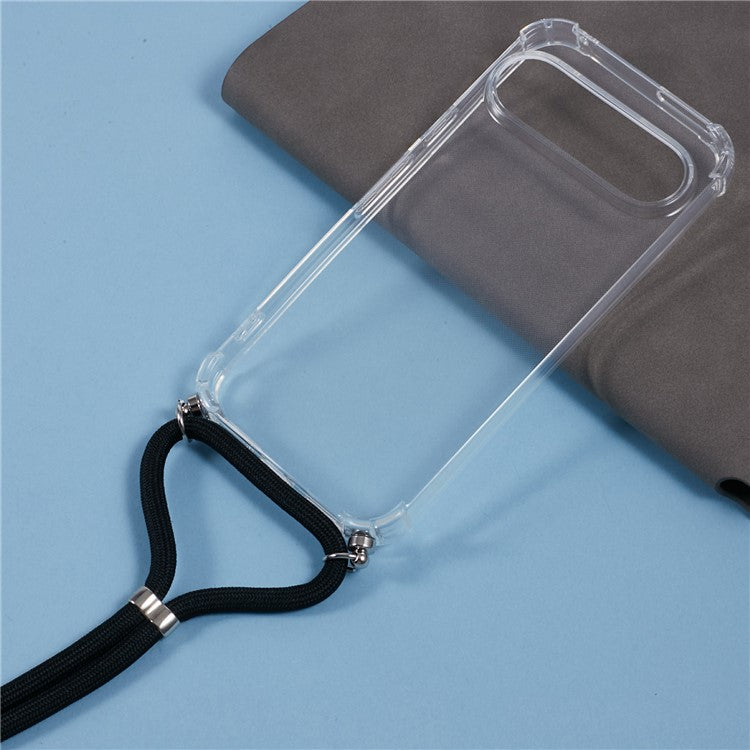 For Google Pixel 9 / Pixel 9 Pro Case Four Corners Clear TPU Phone Cover with Strap (Large Lens Hole)