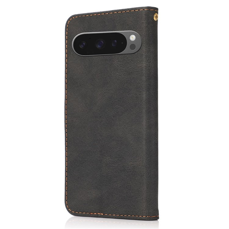 For Google Pixel 9 Pro XL Cover Color Splicing Wallet Stand Leather Phone Case with Wrist Strap - Black+Brown