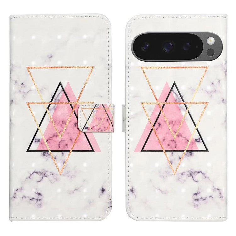 For Google Pixel 9 Pro XL Case 3D Creative Pattern PU Leather Stand Phone Cover - Triangle Marble