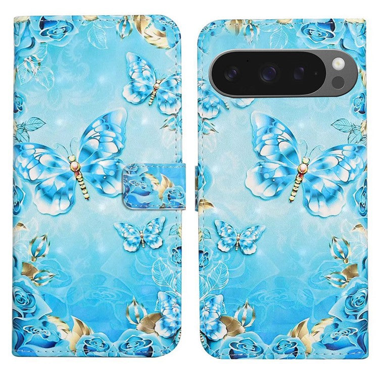 For Google Pixel 9 Pro XL Case 3D Creative Pattern PU Leather Stand Phone Cover - Blue Butterfly