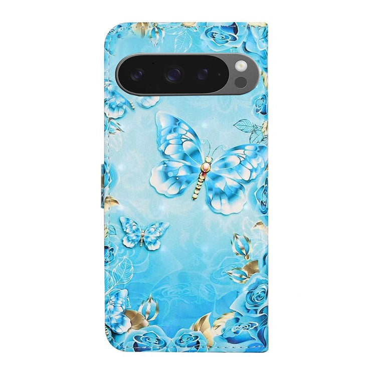 For Google Pixel 9 Pro XL Case 3D Creative Pattern PU Leather Stand Phone Cover - Blue Butterfly