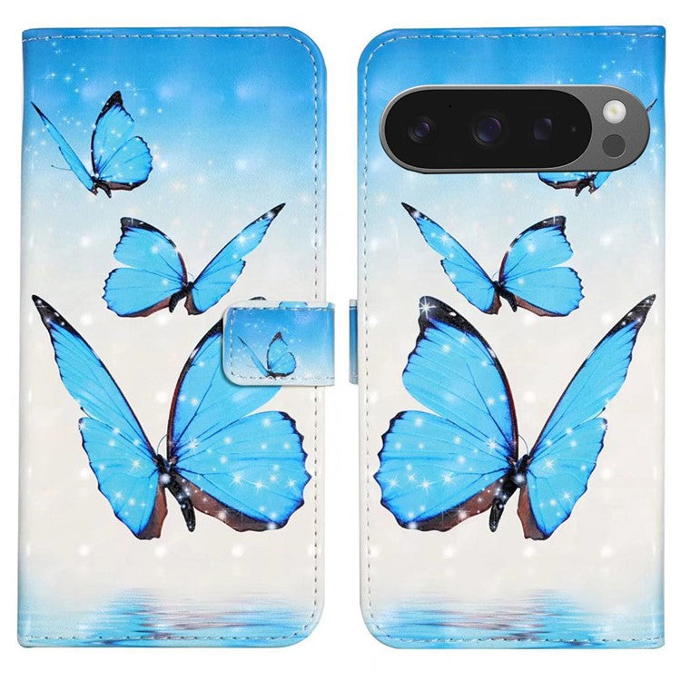 For Google Pixel 9 Pro XL Case 3D Creative Pattern PU Leather Stand Phone Cover - Three Butterflies