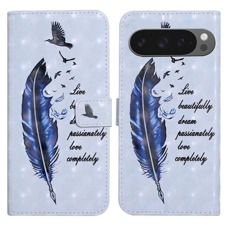 For Google Pixel 9 Pro XL Case 3D Creative Pattern PU Leather Stand Phone Cover - Blue Feather