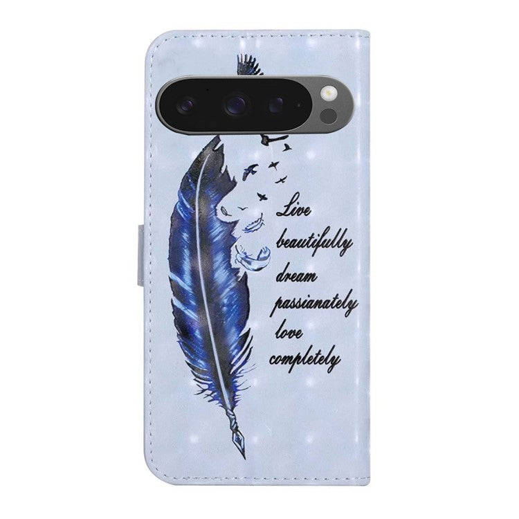 For Google Pixel 9 Pro XL Case 3D Creative Pattern PU Leather Stand Phone Cover - Blue Feather