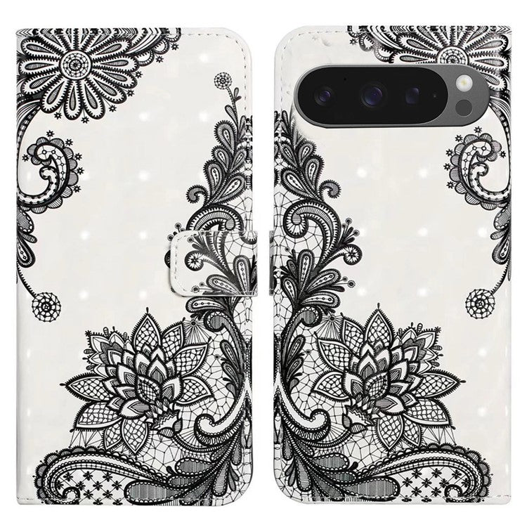 For Google Pixel 9 Pro XL Case 3D Creative Pattern PU Leather Stand Phone Cover - Lace Flower