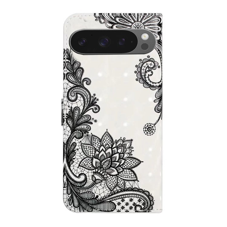 For Google Pixel 9 Pro XL Case 3D Creative Pattern PU Leather Stand Phone Cover - Lace Flower