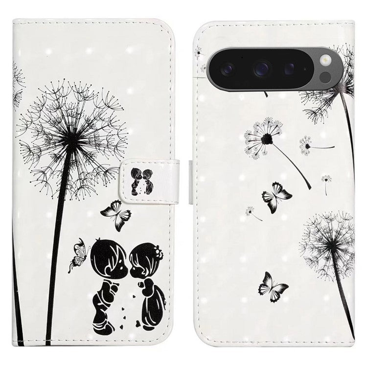 For Google Pixel 9 Pro XL Case 3D Creative Pattern PU Leather Stand Phone Cover - Kids and Dandelion