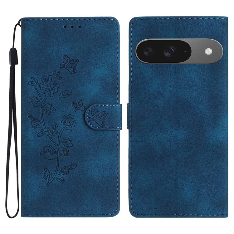 For Google Pixel 9 / Pixel 9 Pro Case Leather Imprinted Flower Phone Cover Wallet with Wrist Strap - Blue