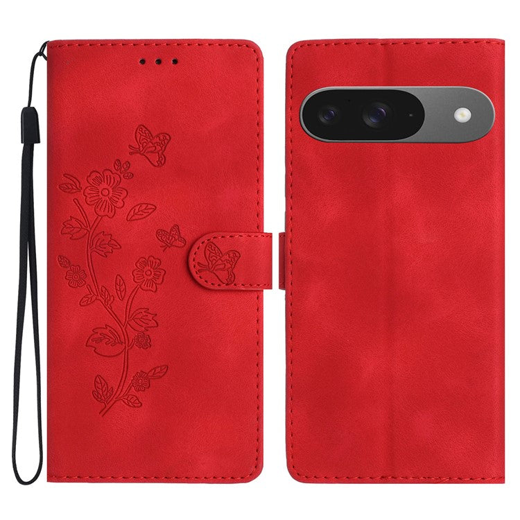 For Google Pixel 9 / Pixel 9 Pro Case Leather Imprinted Flower Phone Cover Wallet with Wrist Strap - Red