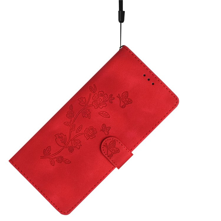 For Google Pixel 9 / Pixel 9 Pro Case Leather Imprinted Flower Phone Cover Wallet with Wrist Strap - Red