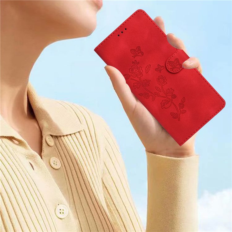 For Google Pixel 9 / Pixel 9 Pro Case Leather Imprinted Flower Phone Cover Wallet with Wrist Strap - Red