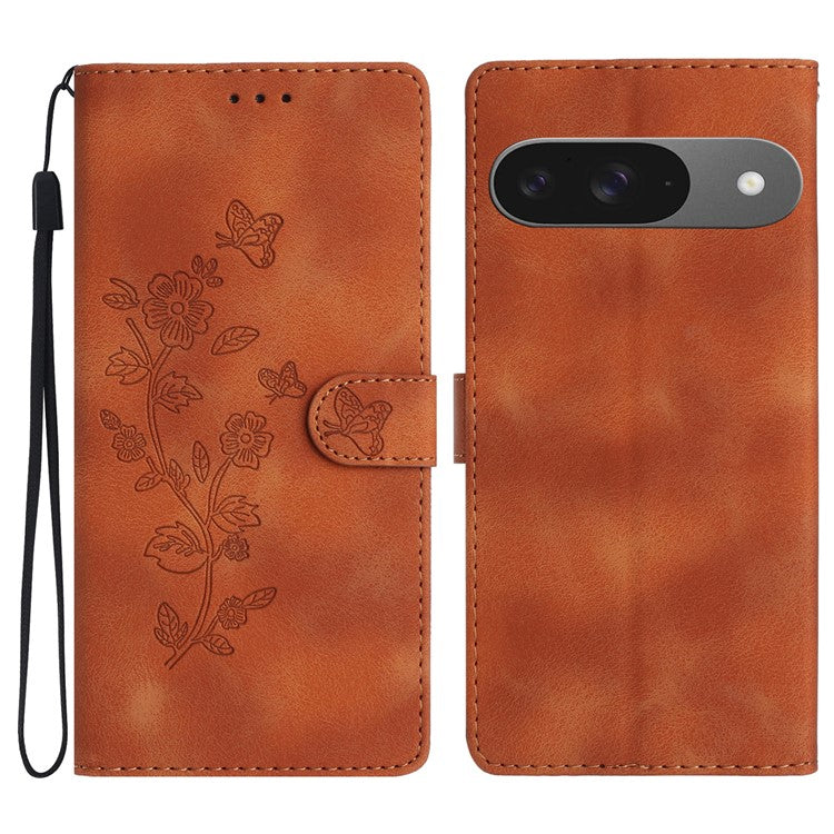 For Google Pixel 9 / Pixel 9 Pro Case Leather Imprinted Flower Phone Cover Wallet with Wrist Strap - Brown