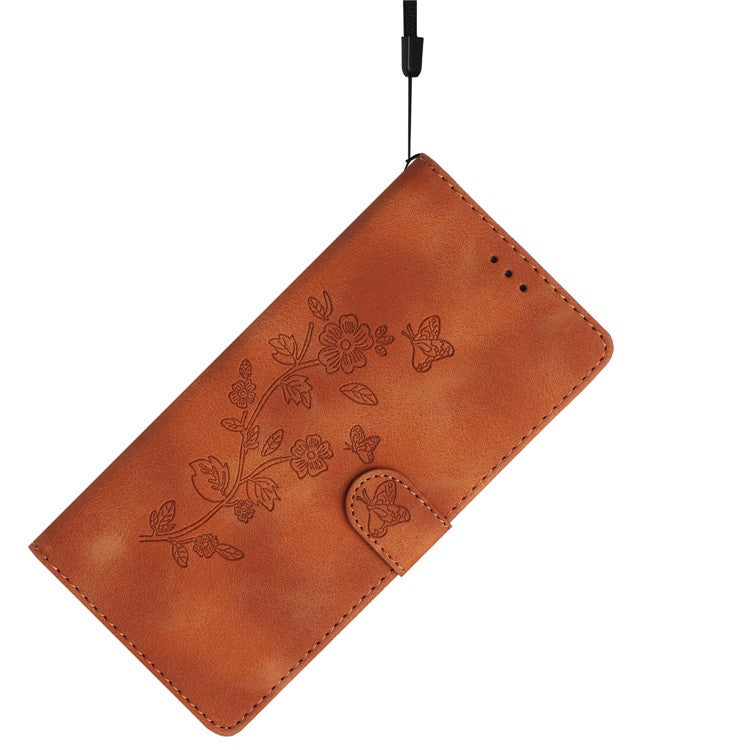 For Google Pixel 9 / Pixel 9 Pro Case Leather Imprinted Flower Phone Cover Wallet with Wrist Strap - Brown