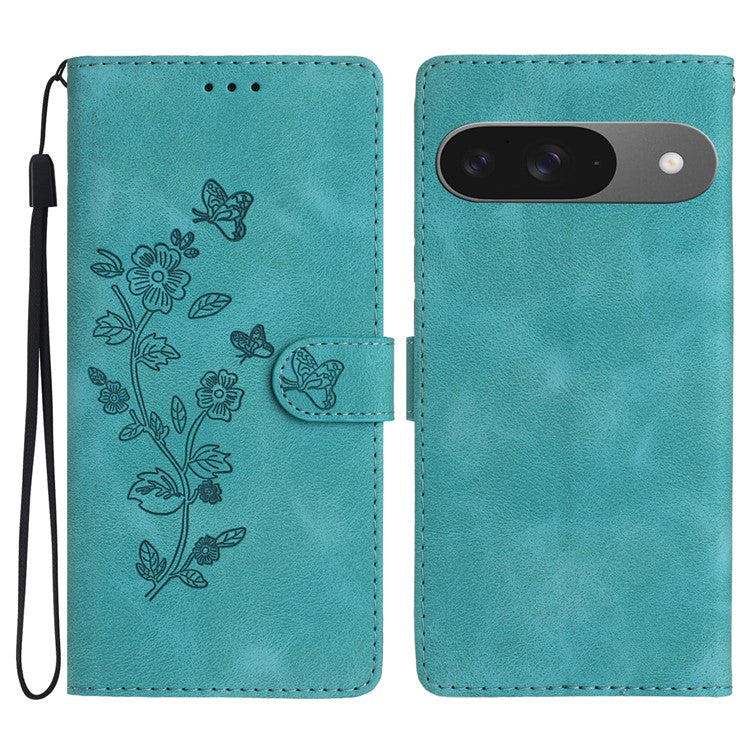 For Google Pixel 9 / Pixel 9 Pro Case Leather Imprinted Flower Phone Cover Wallet with Wrist Strap - Sky Blue