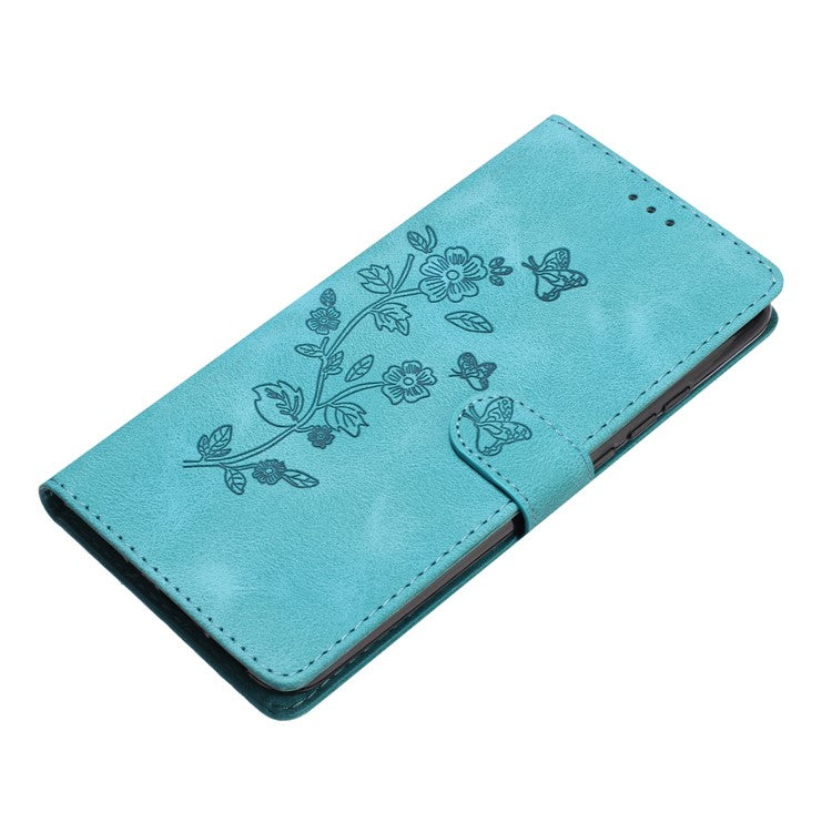 For Google Pixel 9 / Pixel 9 Pro Case Leather Imprinted Flower Phone Cover Wallet with Wrist Strap - Sky Blue