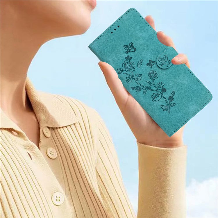 For Google Pixel 9 / Pixel 9 Pro Case Leather Imprinted Flower Phone Cover Wallet with Wrist Strap - Sky Blue