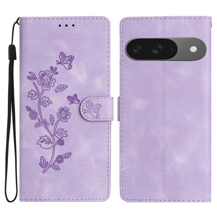 For Google Pixel 9 / Pixel 9 Pro Case Leather Imprinted Flower Phone Cover Wallet with Wrist Strap - Purple