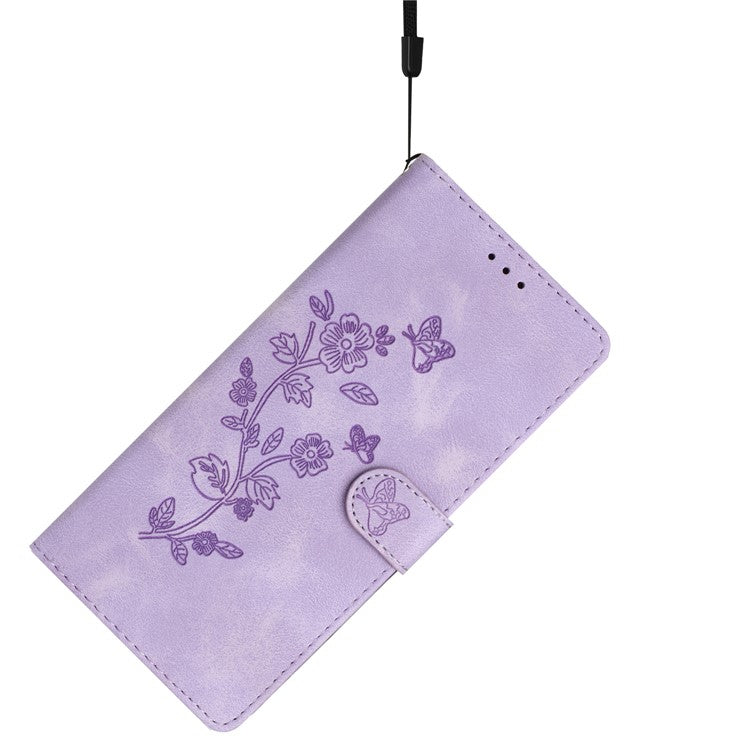 For Google Pixel 9 / Pixel 9 Pro Case Leather Imprinted Flower Phone Cover Wallet with Wrist Strap - Purple