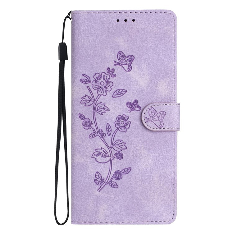 For Google Pixel 9 / Pixel 9 Pro Case Leather Imprinted Flower Phone Cover Wallet with Wrist Strap - Purple