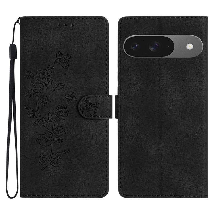 For Google Pixel 9 / Pixel 9 Pro Case Leather Imprinted Flower Phone Cover Wallet with Wrist Strap - Black