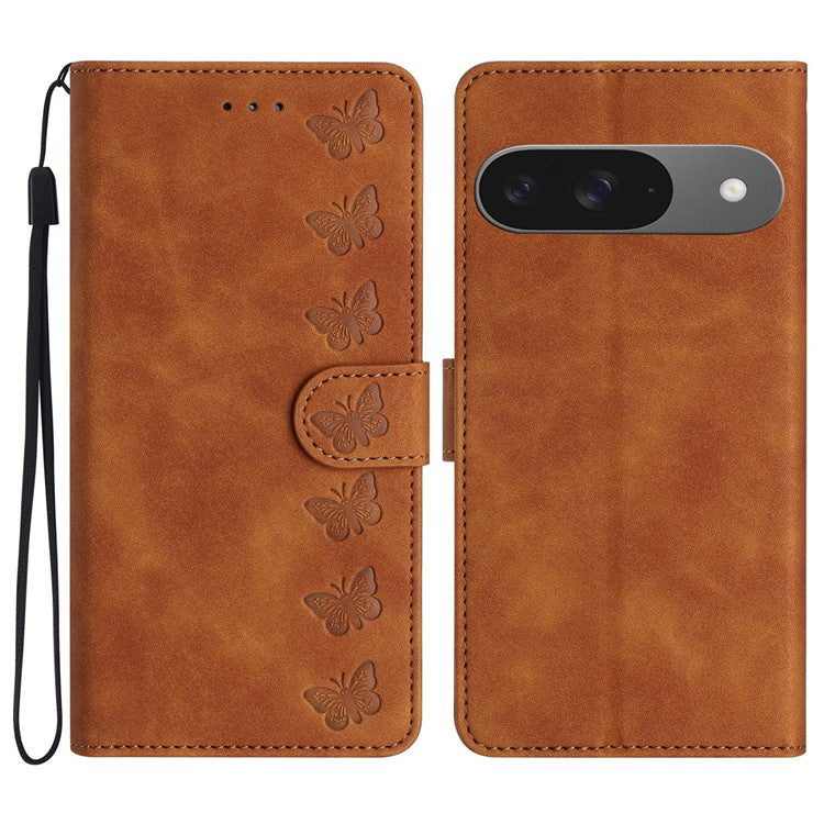 For Google Pixel 9 / Pixel 9 Pro Case Imprinted Butterfly Leather Wallet Phone Cover - Brown