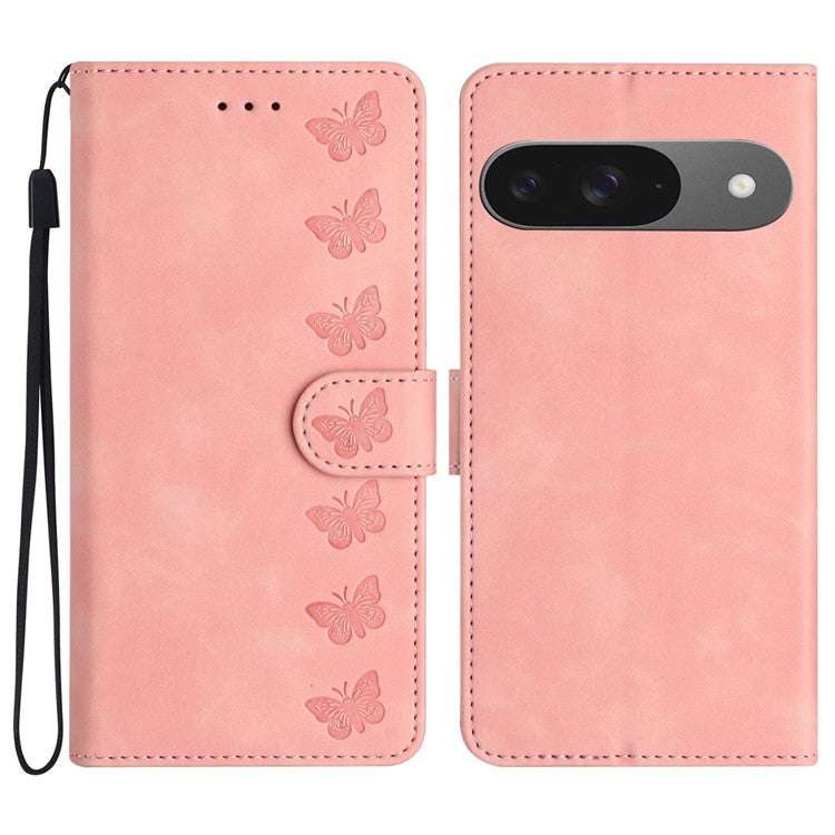 For Google Pixel 9 / Pixel 9 Pro Case Imprinted Butterfly Leather Wallet Phone Cover - Pink