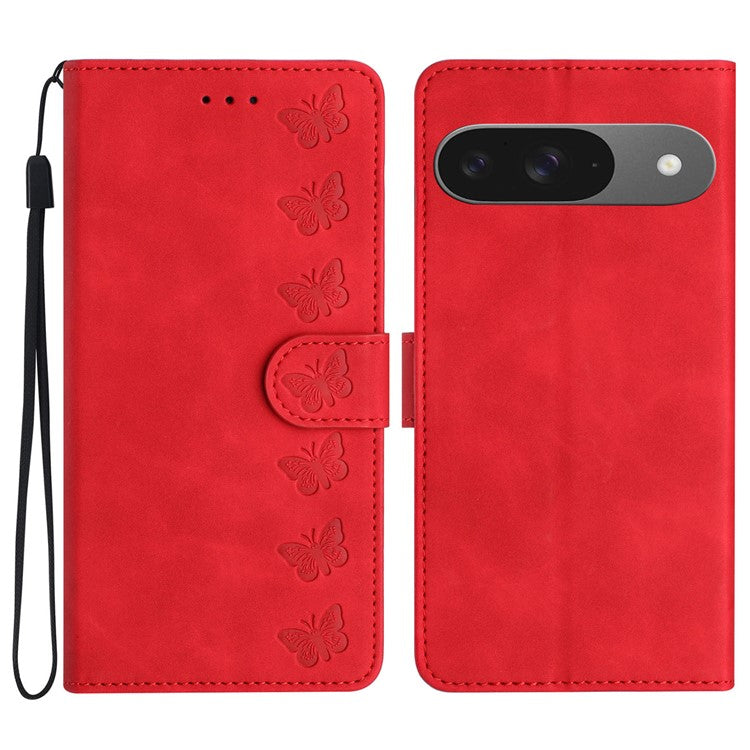 For Google Pixel 9 / Pixel 9 Pro Case Imprinted Butterfly Leather Wallet Phone Cover - Red