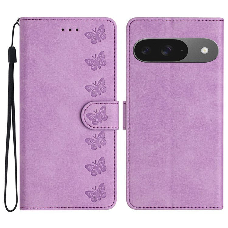 For Google Pixel 9 / Pixel 9 Pro Case Imprinted Butterfly Leather Wallet Phone Cover - Purple