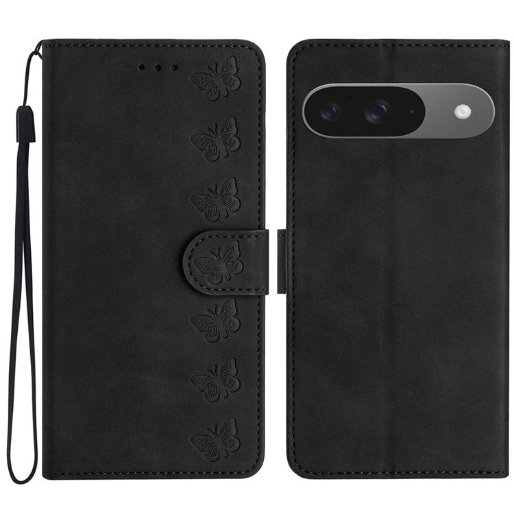 For Google Pixel 9 / Pixel 9 Pro Case Imprinted Butterfly Leather Wallet Phone Cover - Black