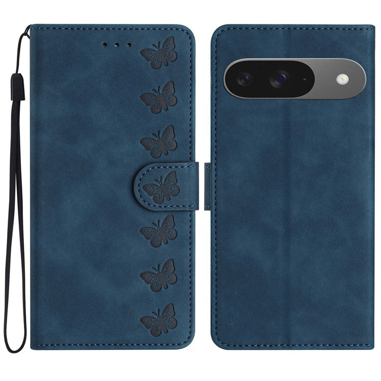 For Google Pixel 9 / Pixel 9 Pro Case Imprinted Butterfly Leather Wallet Phone Cover - Blue