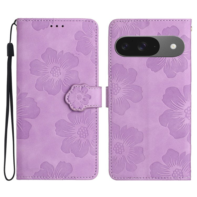 For Google Pixel 9 / Pixel 9 Pro Case Flower Design Leather Wallet Phone Cover with Wrist Strap - Purple