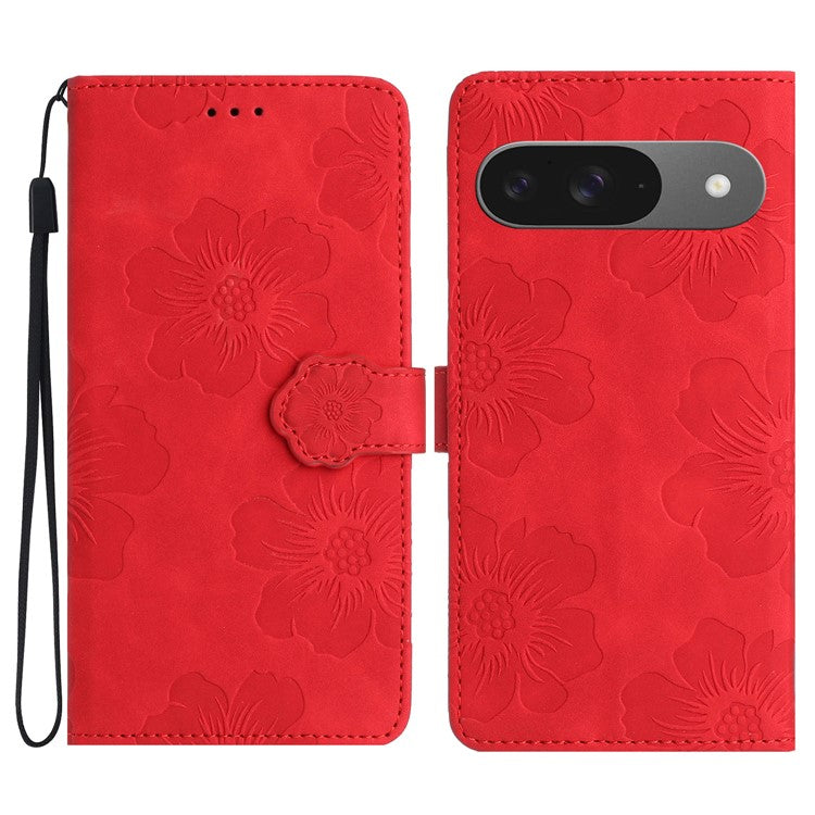 For Google Pixel 9 / Pixel 9 Pro Case Flower Design Leather Wallet Phone Cover with Wrist Strap - Red